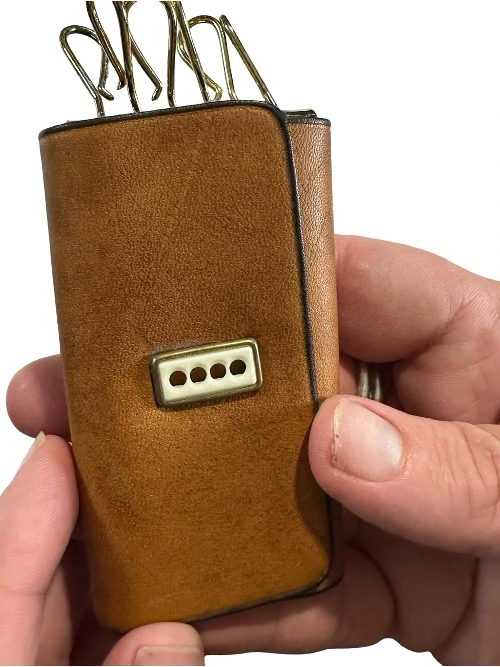 Vtg Rolfs Tan Cowhide Leather Key Kaddy 6 Hook Wallet Holder Case Gold Box NOS